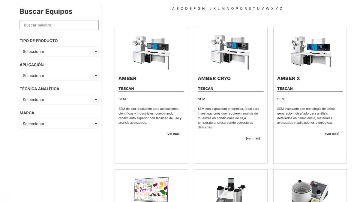 Catálogo de equipos con búsqueda y filtros